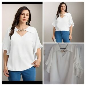 Flouryn Plus Size Sheer Blouse W/ Hollow Collar & Ruffle Sleeves White 2XL